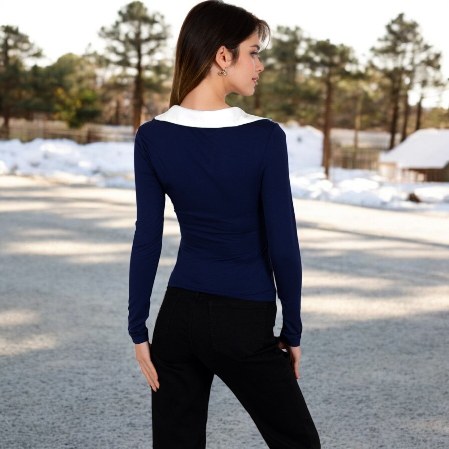 Long Sleeve V-Neck Shirt with Contrast Collar