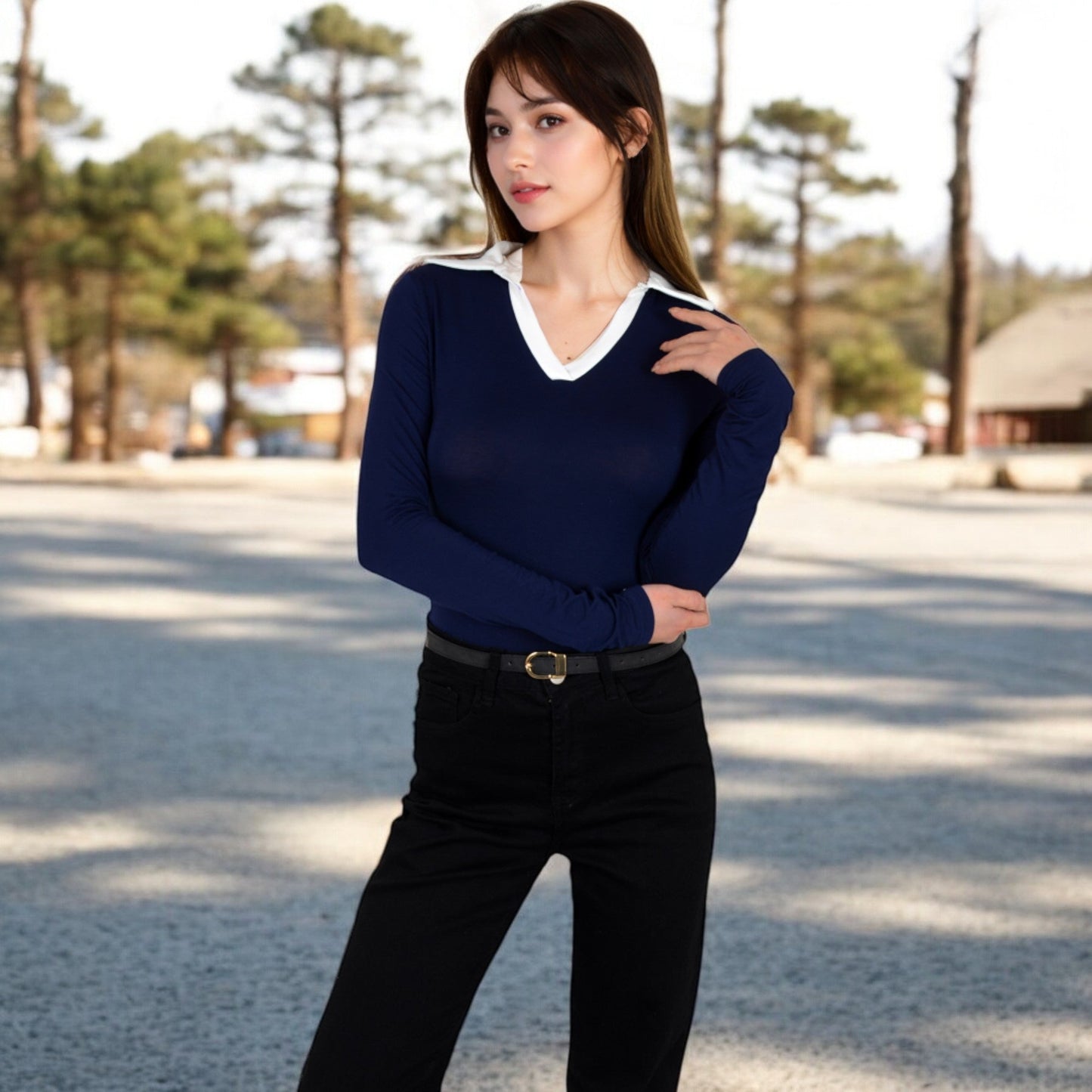 Long Sleeve V-Neck Shirt with Contrast Collar