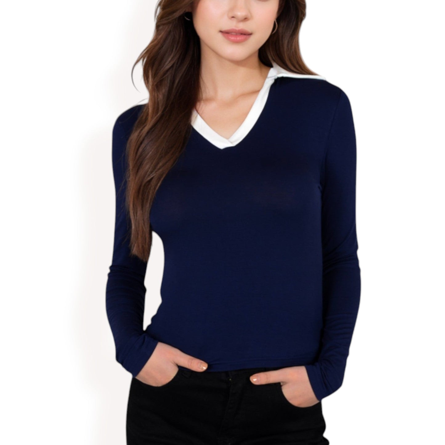 Long Sleeve V-Neck Shirt with Contrast Collar