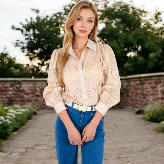 Embroidered Eyelet Long Sleeve Button-Up Blouse