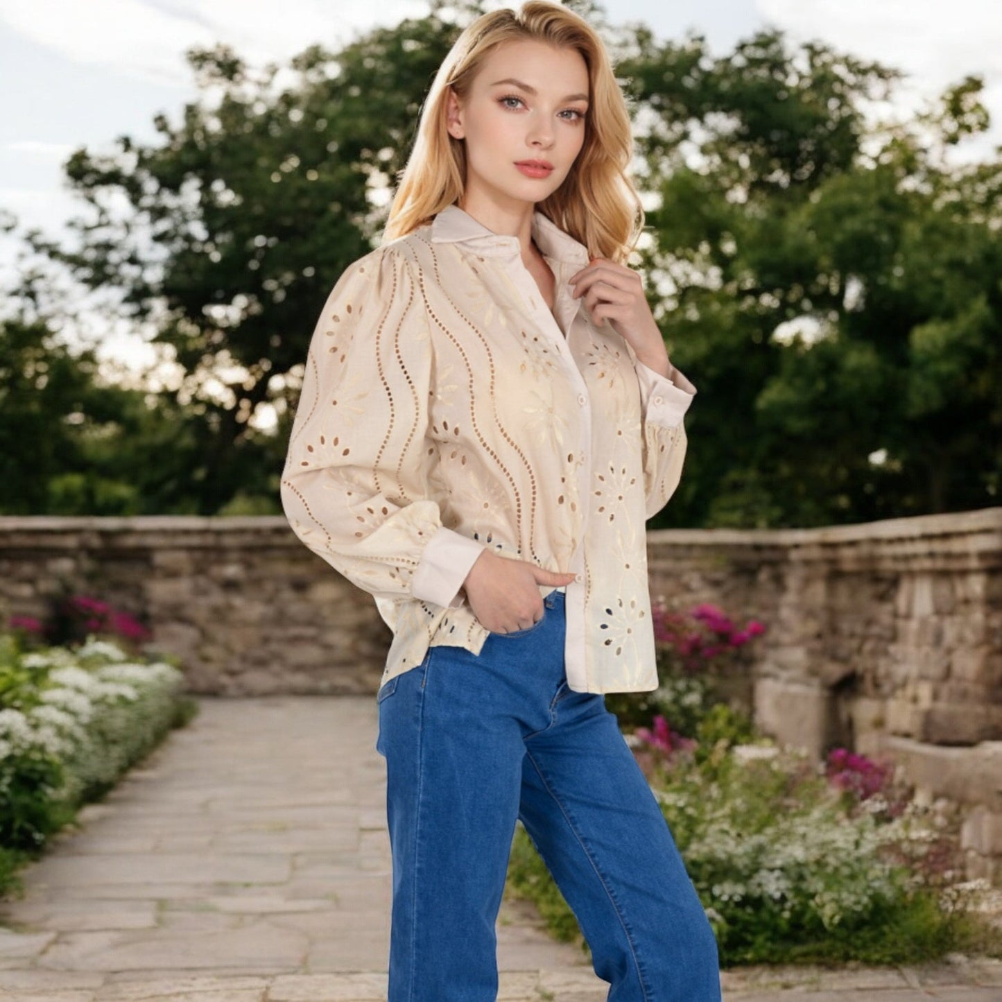 Embroidered Eyelet Long Sleeve Button-Up Blouse