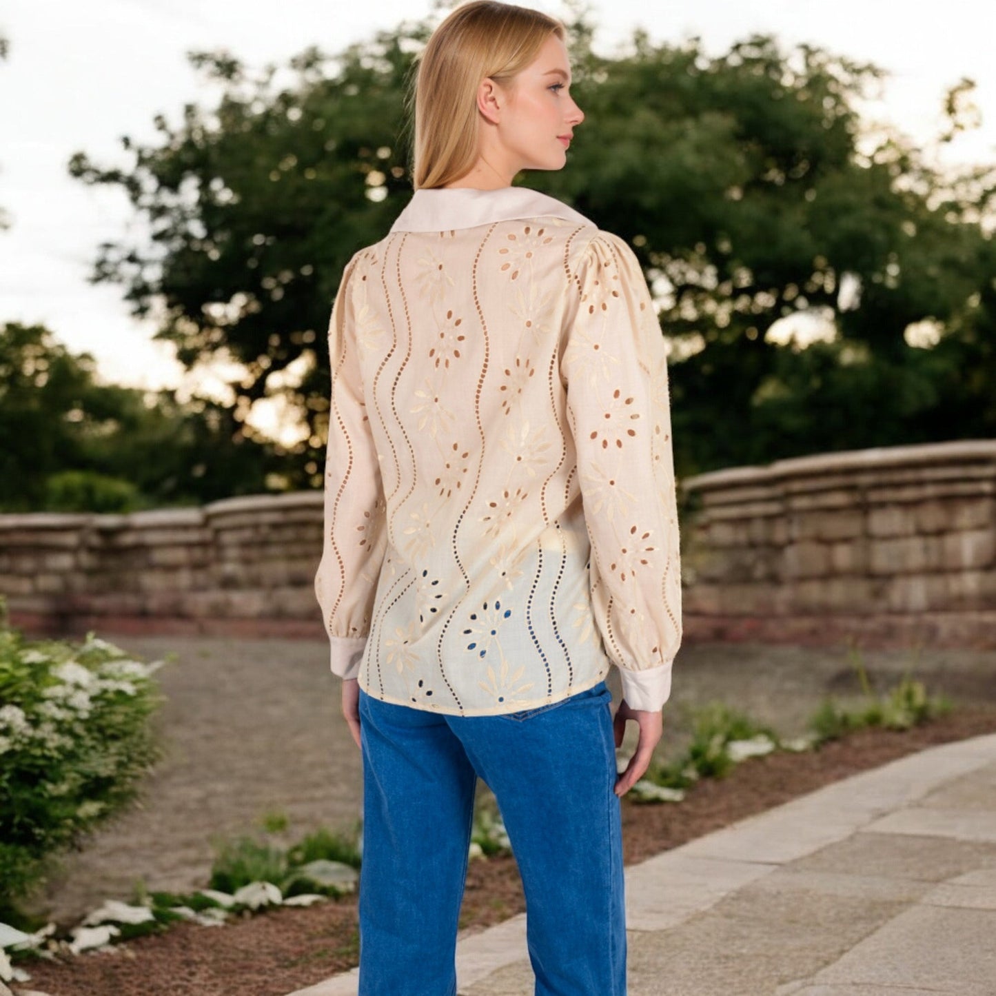 Embroidered Eyelet Long Sleeve Button-Up Blouse