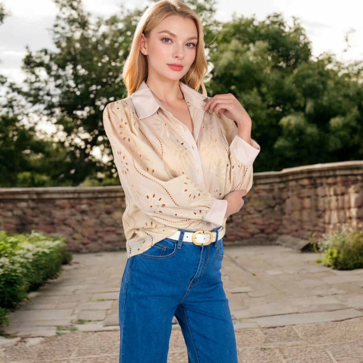 Embroidered Eyelet Long Sleeve Button-Up Blouse