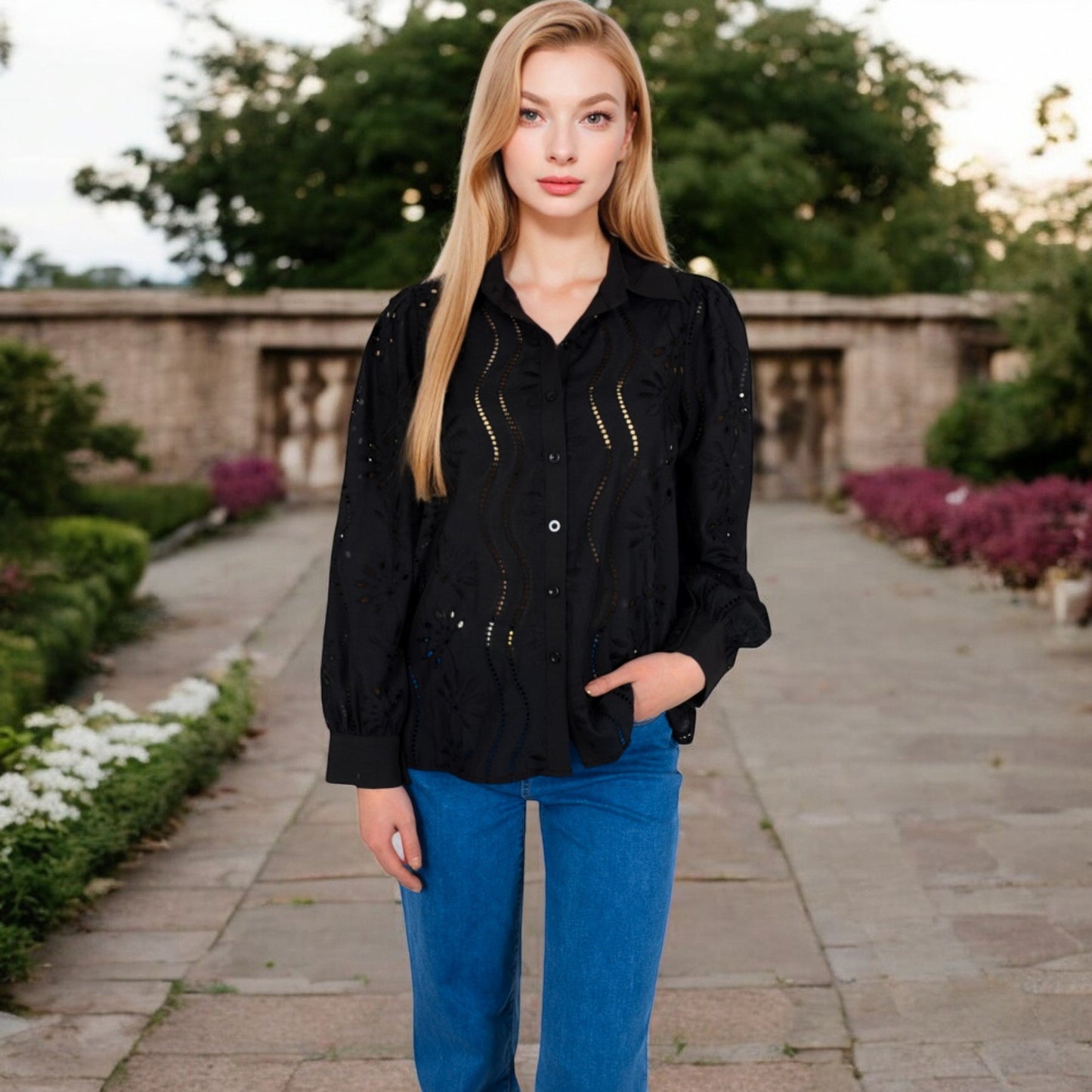 Embroidered Eyelet Long Sleeve Button-Up Blouse
