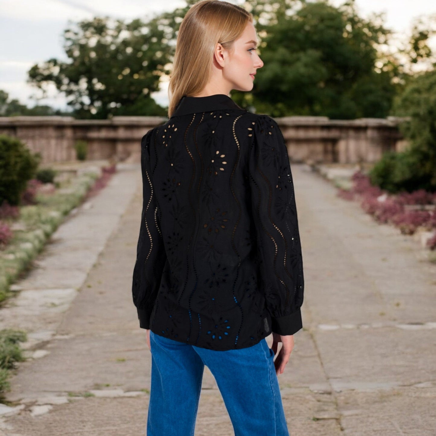 Embroidered Eyelet Long Sleeve Button-Up Blouse