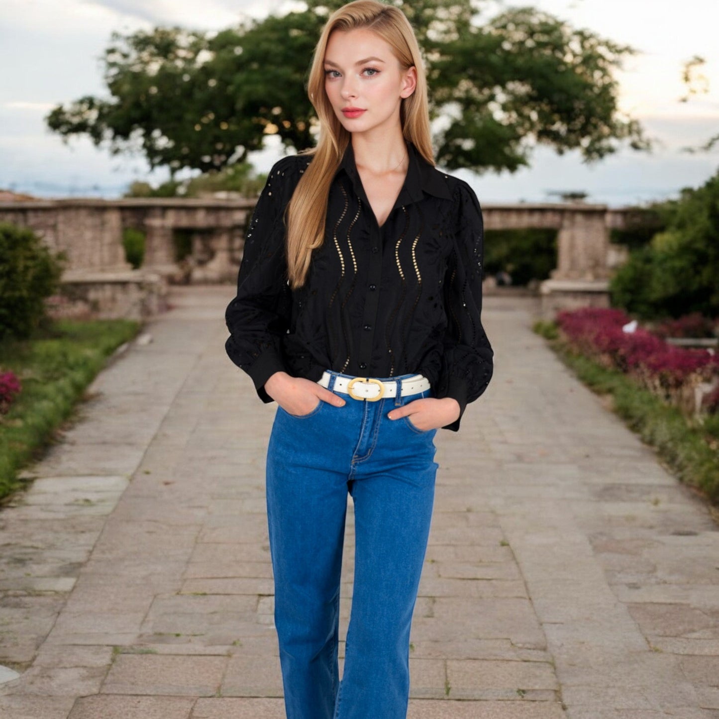 Embroidered Eyelet Long Sleeve Button-Up Blouse
