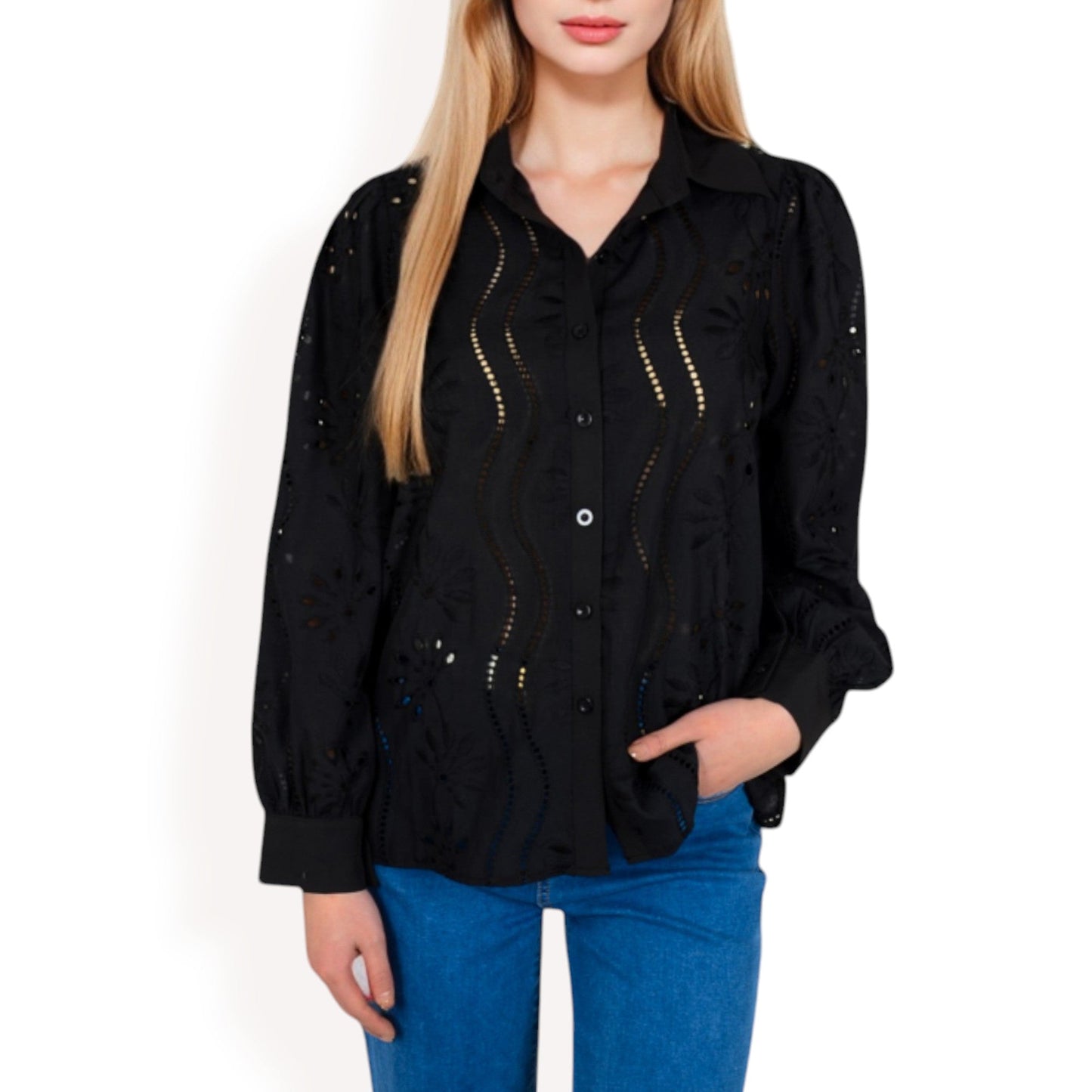 Embroidered Eyelet Long Sleeve Button-Up Blouse