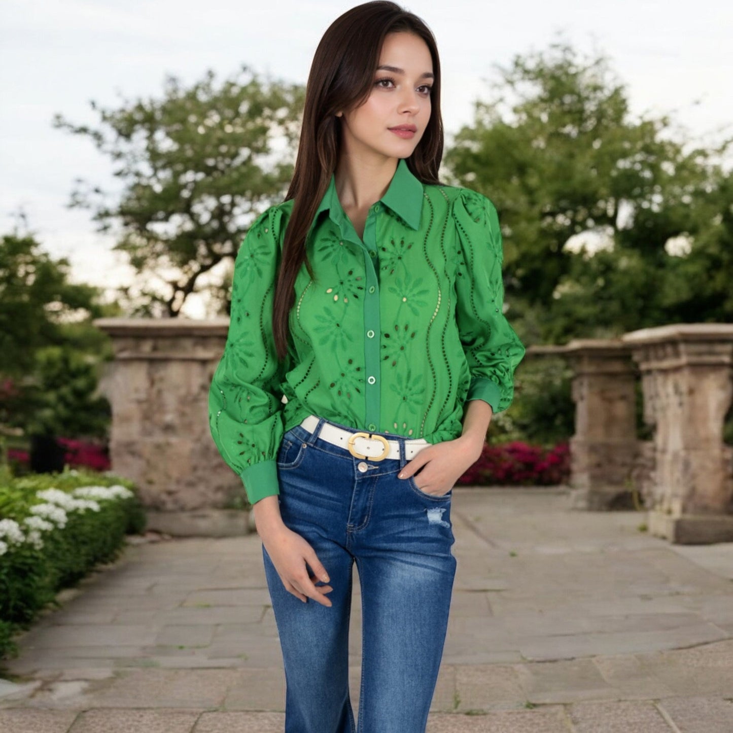 Embroidered Eyelet Long Sleeve Button-Up Blouse