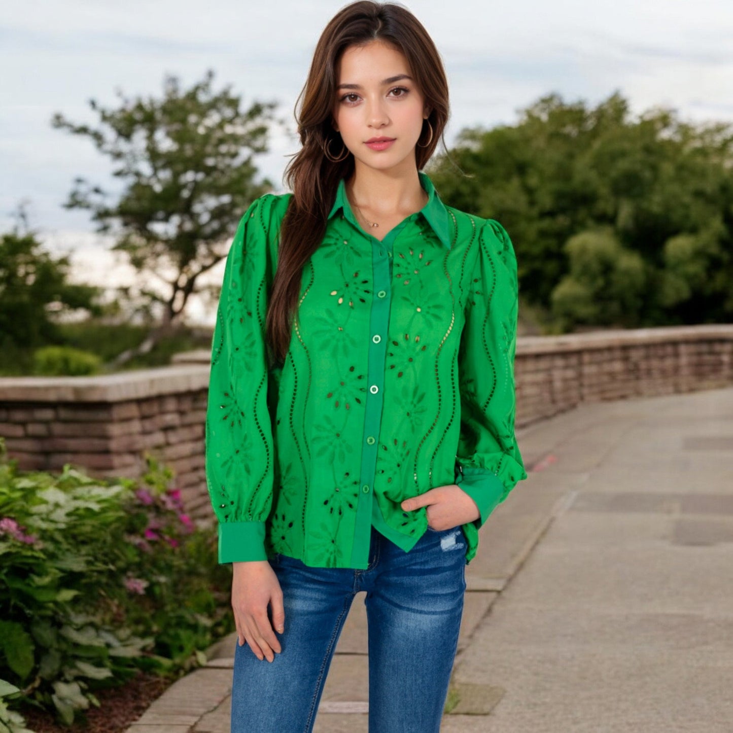 Embroidered Eyelet Long Sleeve Button-Up Blouse