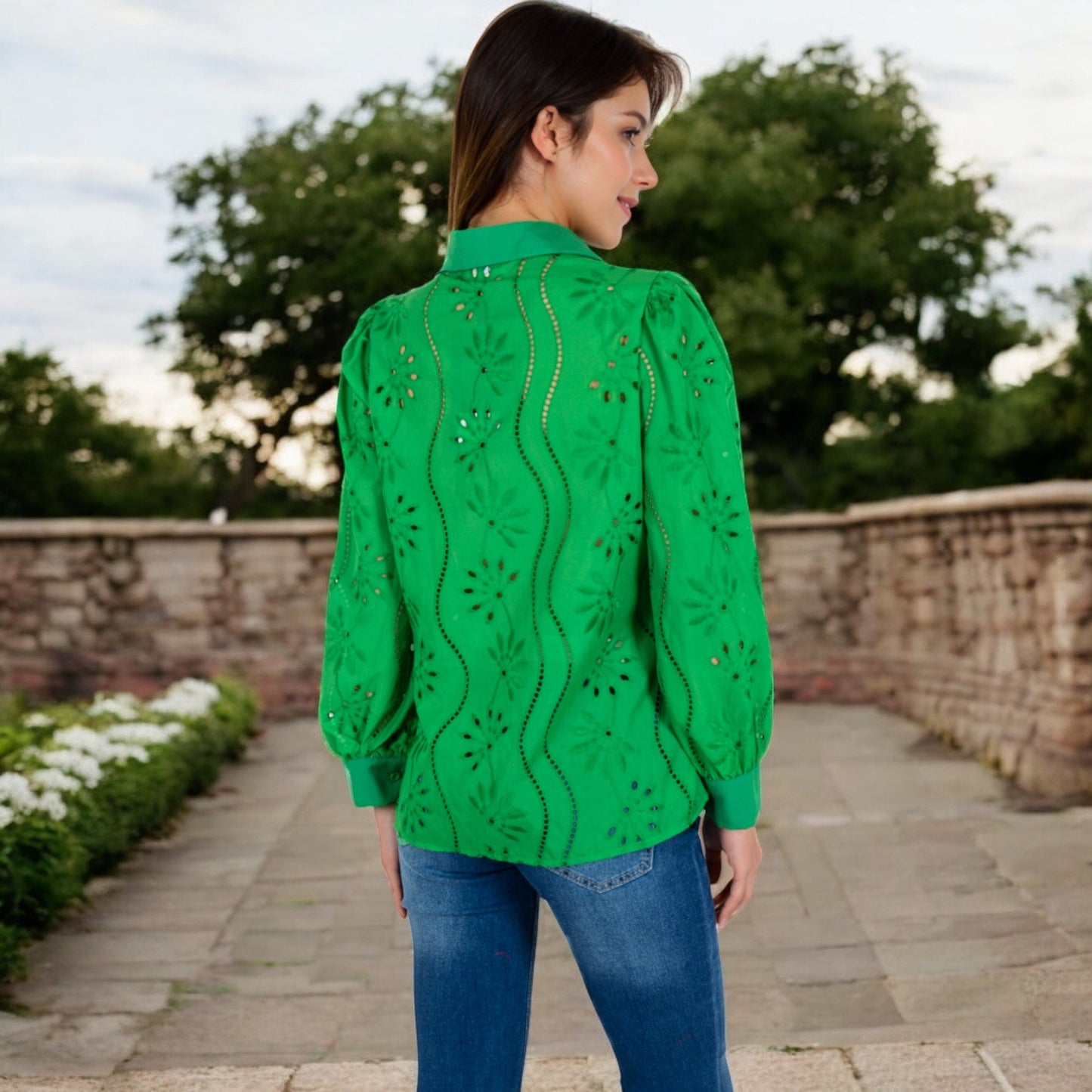 Embroidered Eyelet Long Sleeve Button-Up Blouse