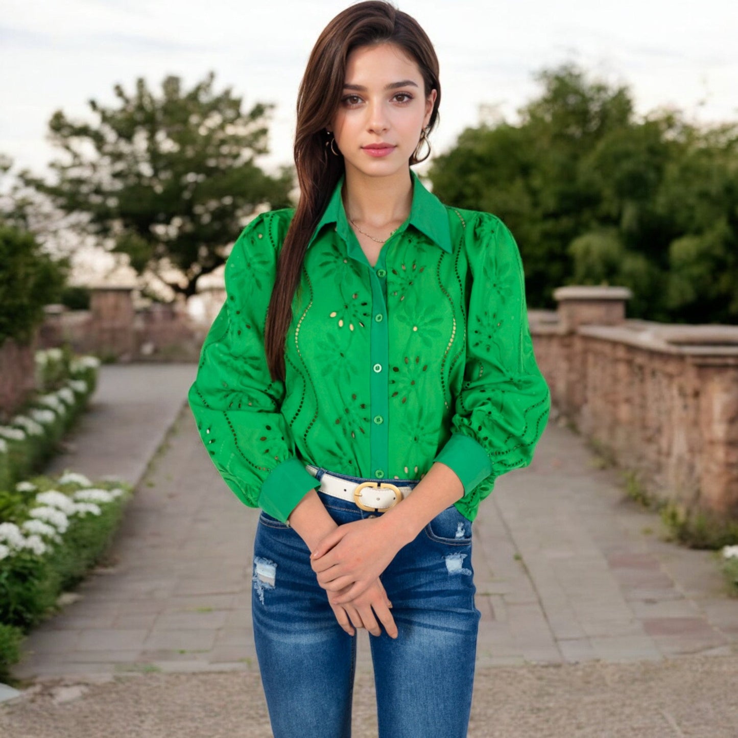 Embroidered Eyelet Long Sleeve Button-Up Blouse