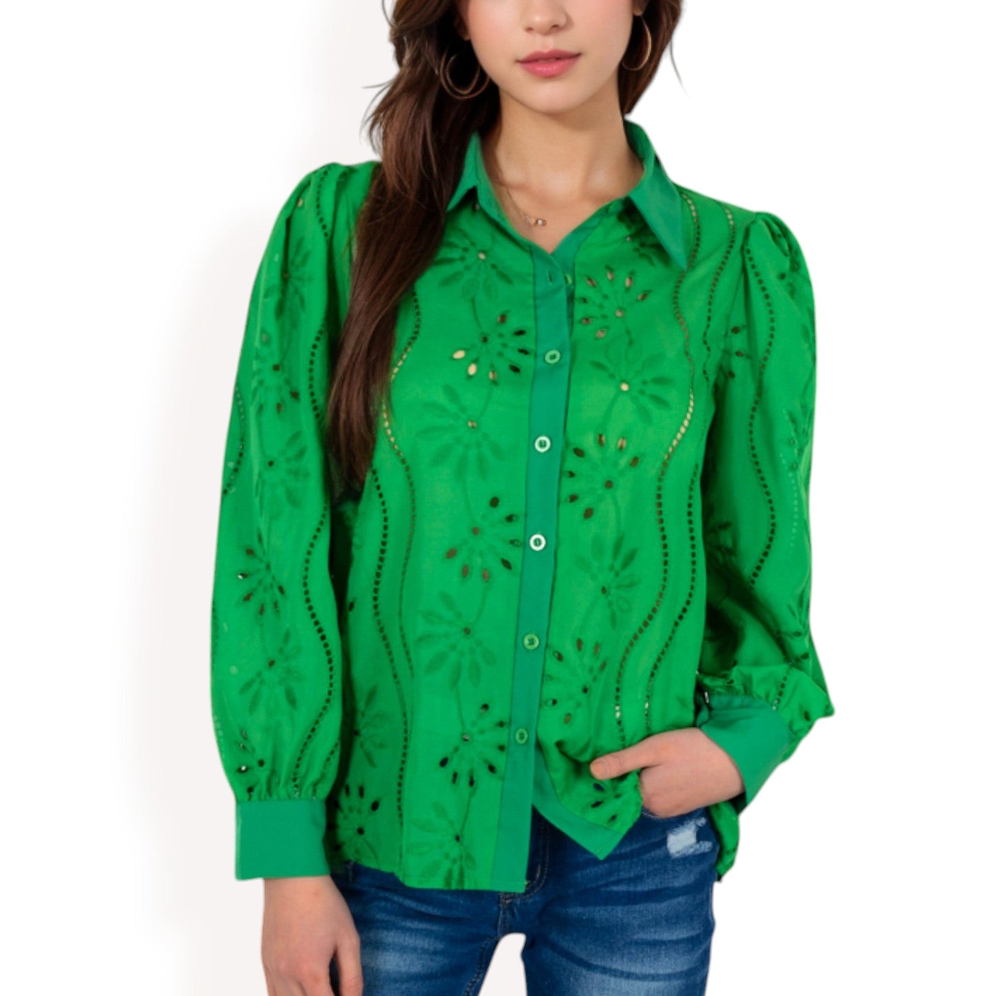 Embroidered Eyelet Long Sleeve Button-Up Blouse