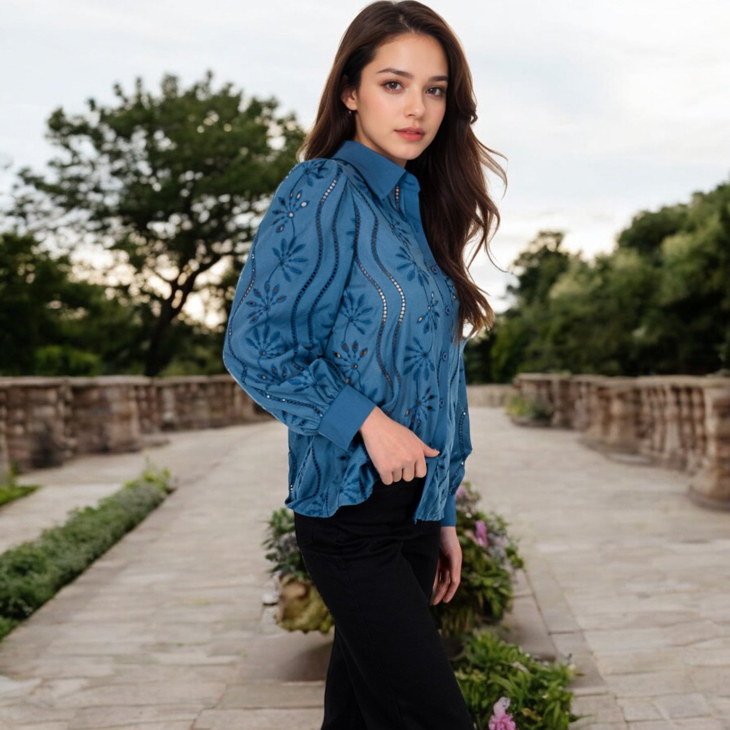 Embroidered Eyelet Long Sleeve Button-Up Blouse