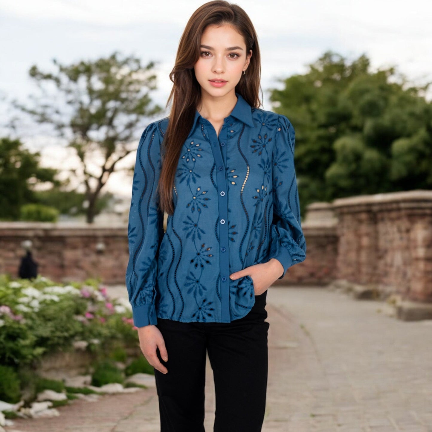 Embroidered Eyelet Long Sleeve Button-Up Blouse