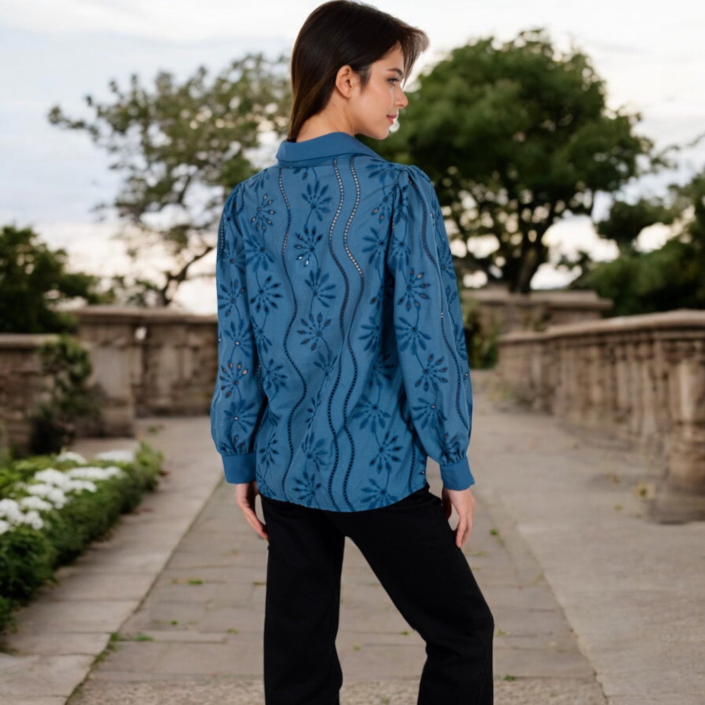 Embroidered Eyelet Long Sleeve Button-Up Blouse