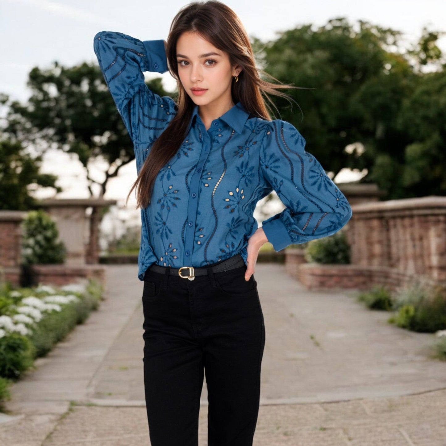 Embroidered Eyelet Long Sleeve Button-Up Blouse