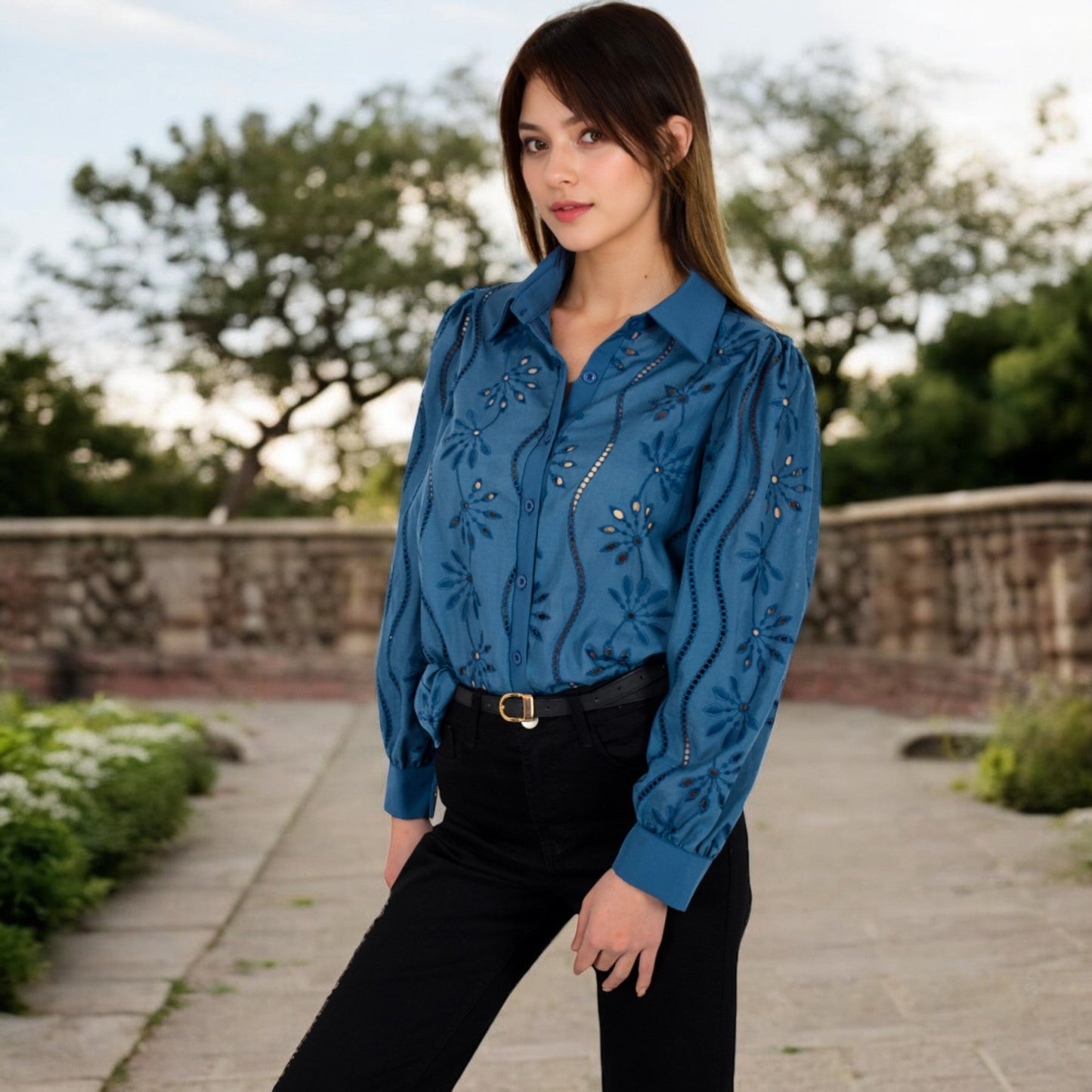 Embroidered Eyelet Long Sleeve Button-Up Blouse