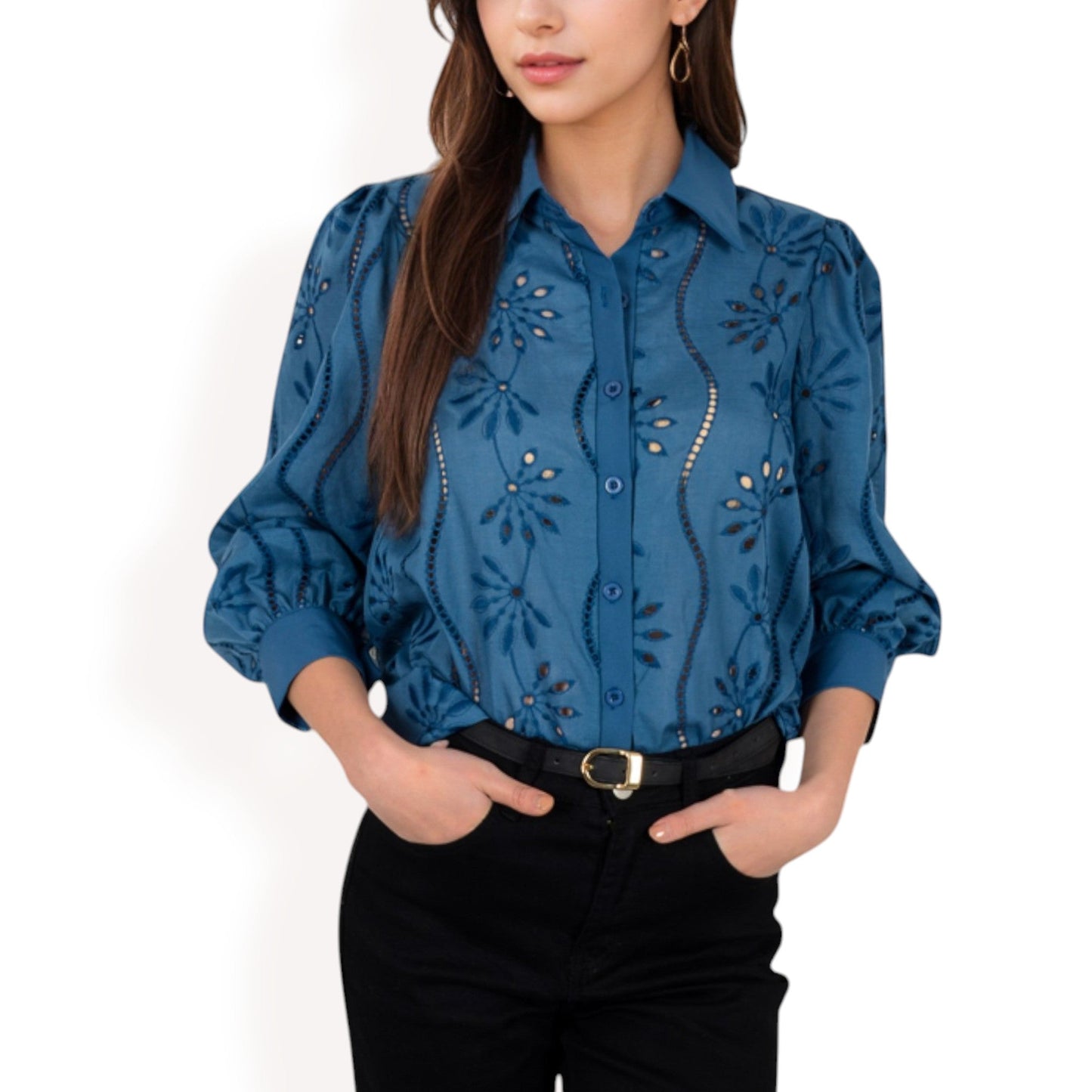 Embroidered Eyelet Long Sleeve Button-Up Blouse