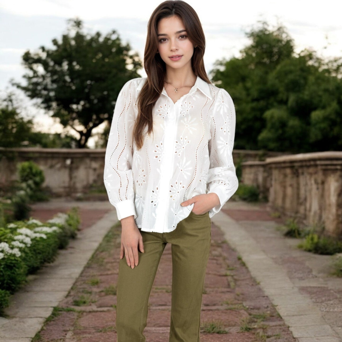 Embroidered Eyelet Long Sleeve Button-Up Blouse
