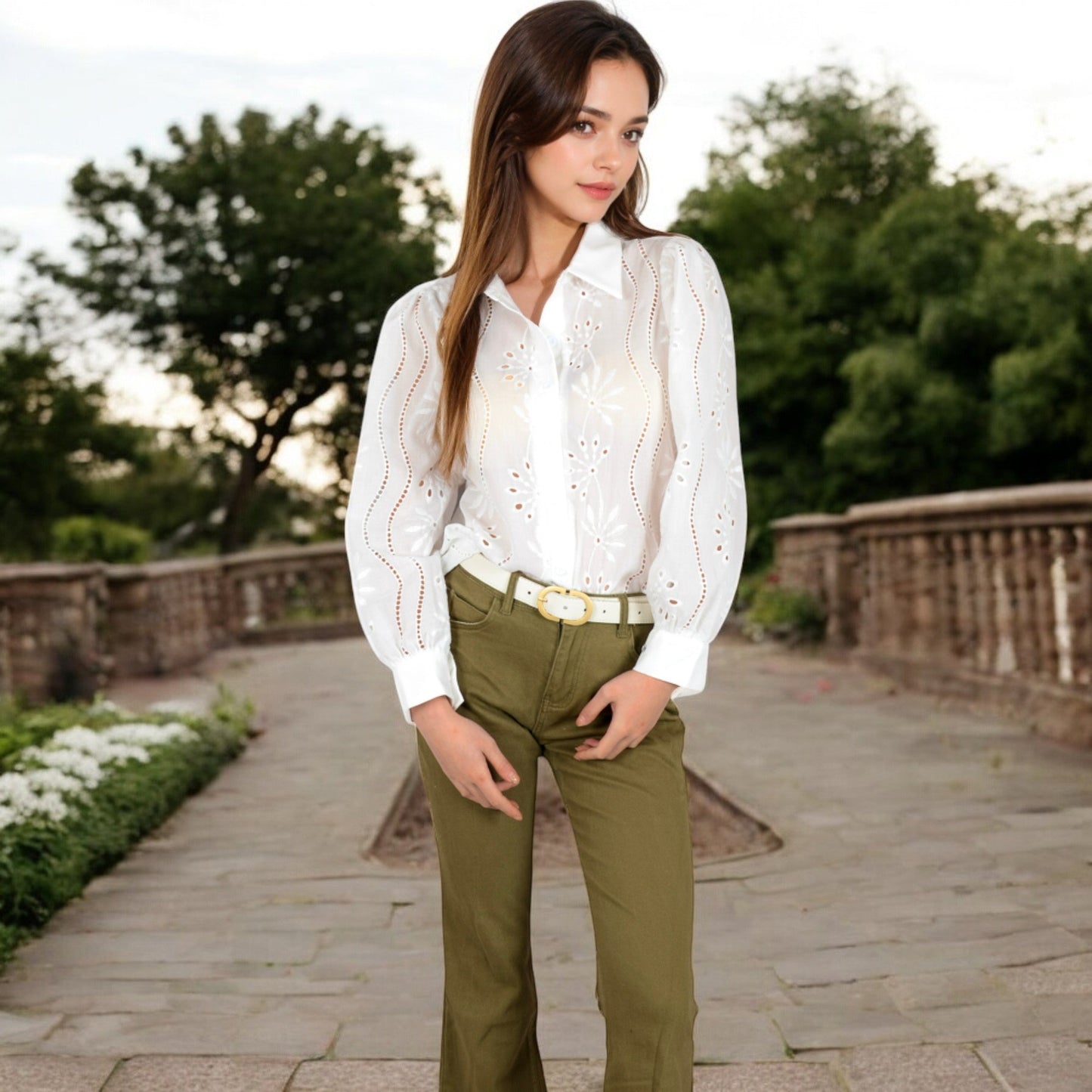 Embroidered Eyelet Long Sleeve Button-Up Blouse