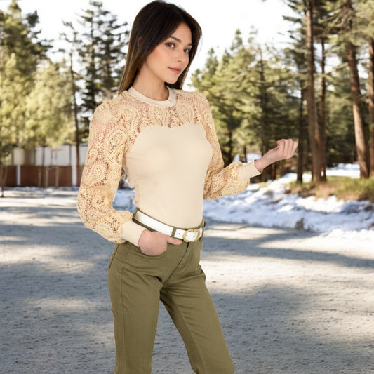 Long Sleeve Lace Detail Top with Stretch Knit Bodice