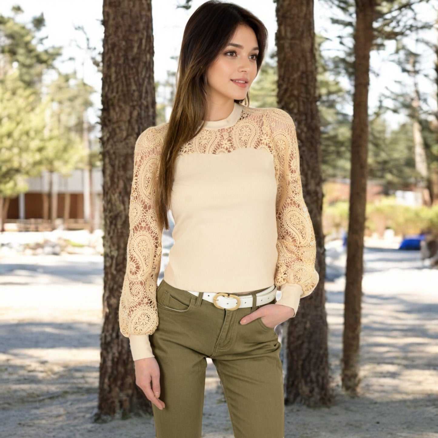 Long Sleeve Lace Detail Top with Stretch Knit Bodice