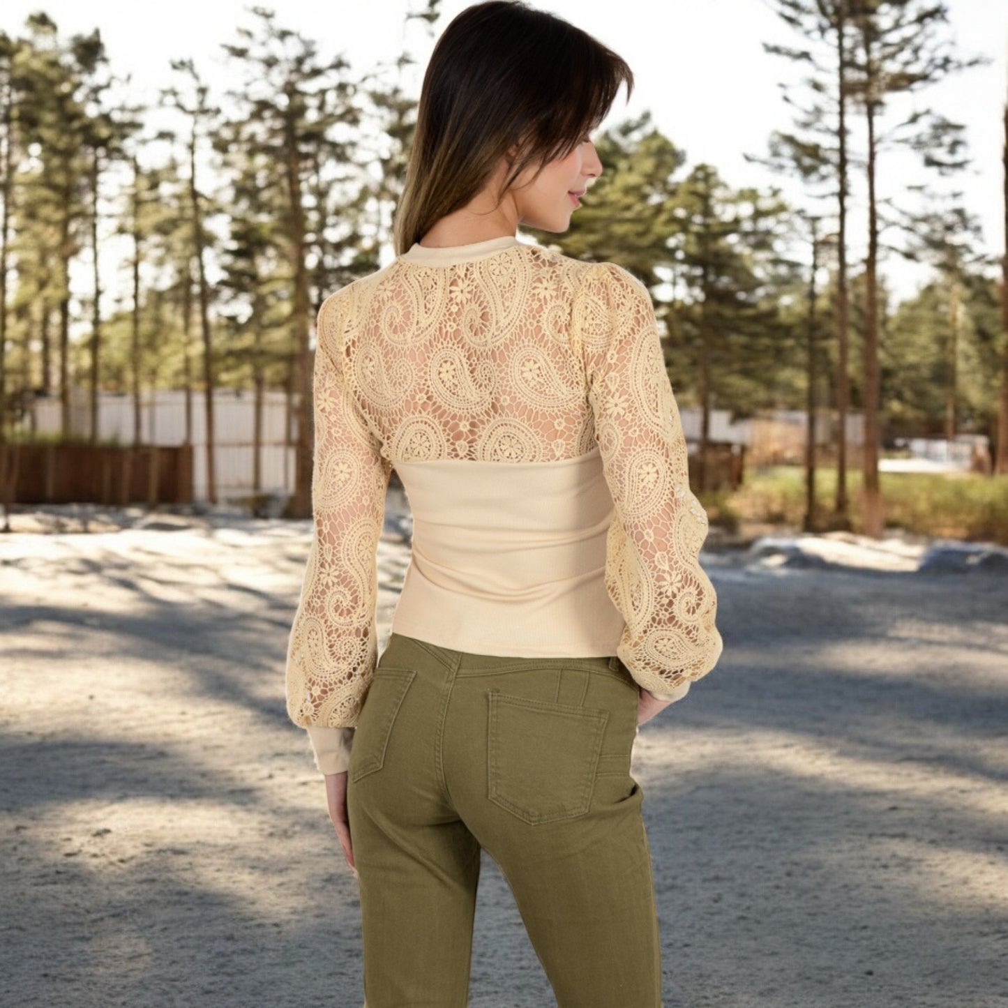 Long Sleeve Lace Detail Top with Stretch Knit Bodice
