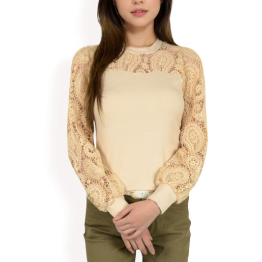 Long Sleeve Lace Detail Top with Stretch Knit Bodice