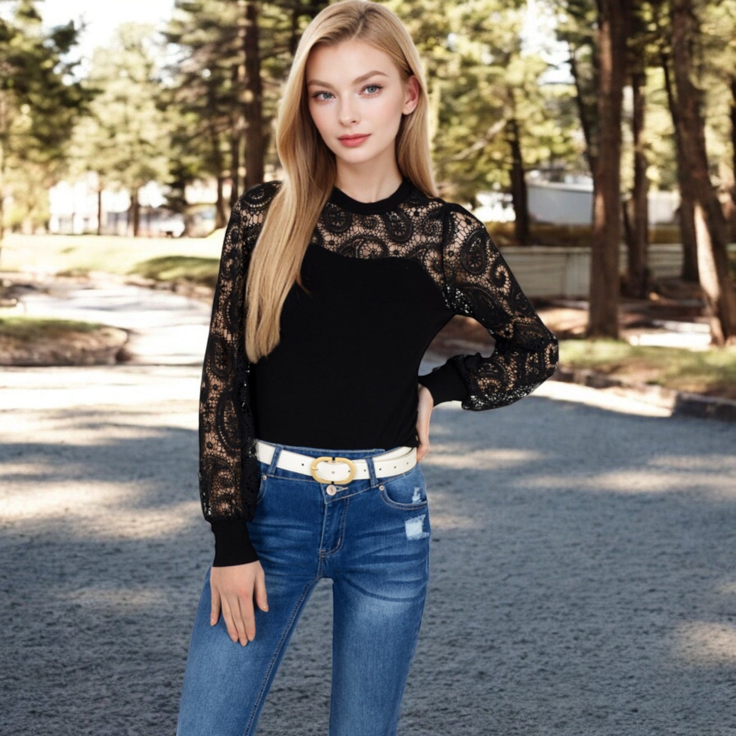 Long Sleeve Lace Detail Top with Stretch Knit Bodice