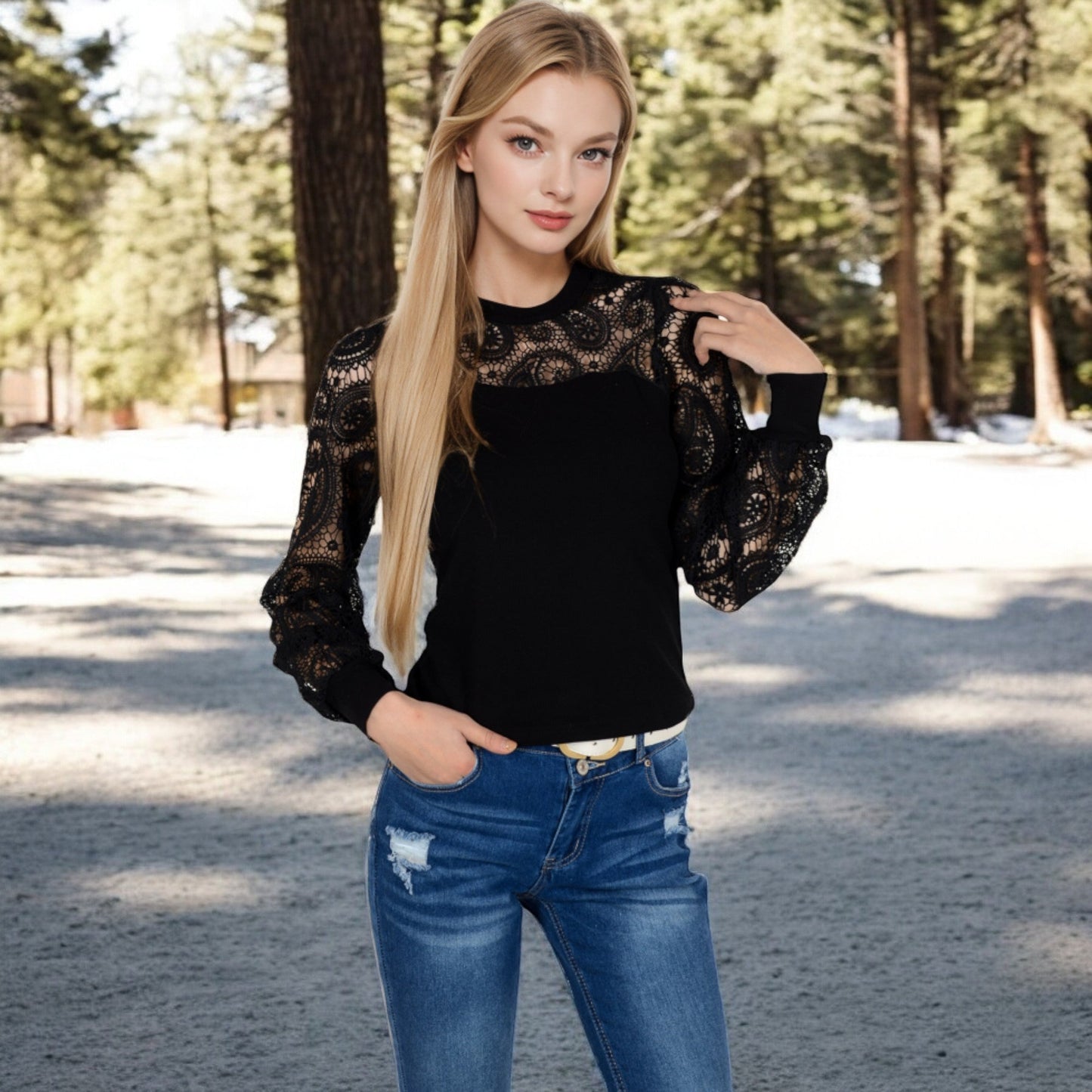 Long Sleeve Lace Detail Top with Stretch Knit Bodice