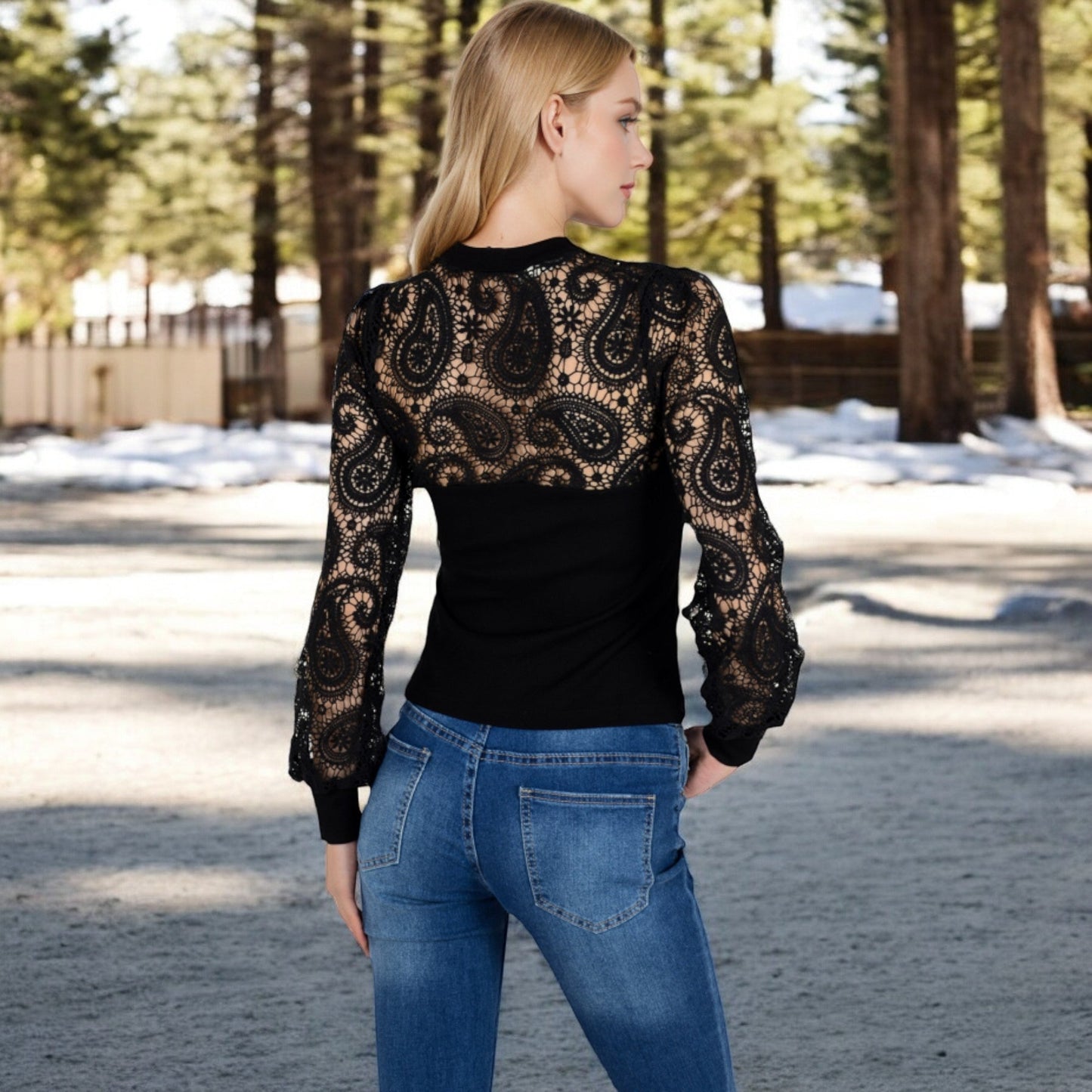 Long Sleeve Lace Detail Top with Stretch Knit Bodice