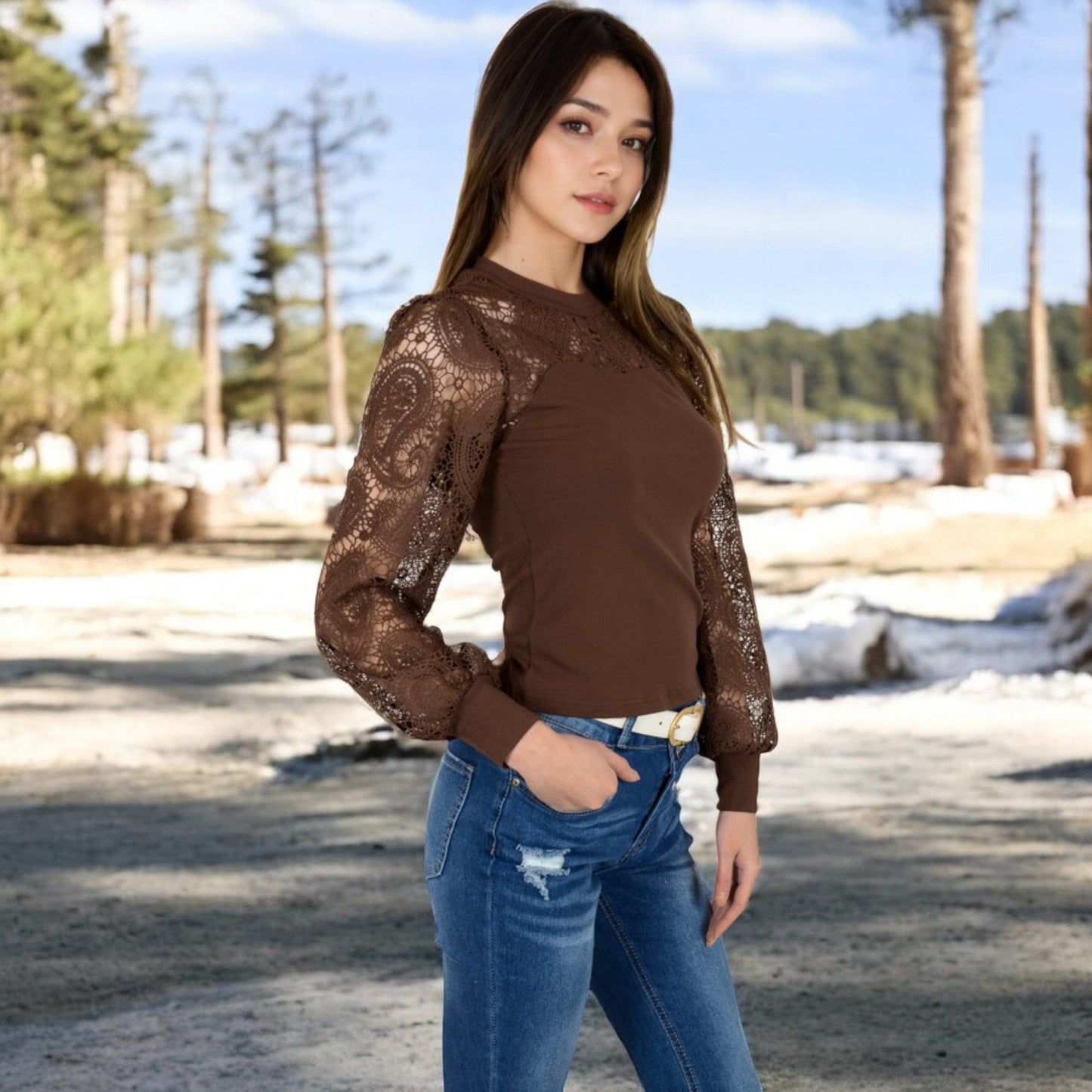 Long Sleeve Lace Detail Top with Stretch Knit Bodice