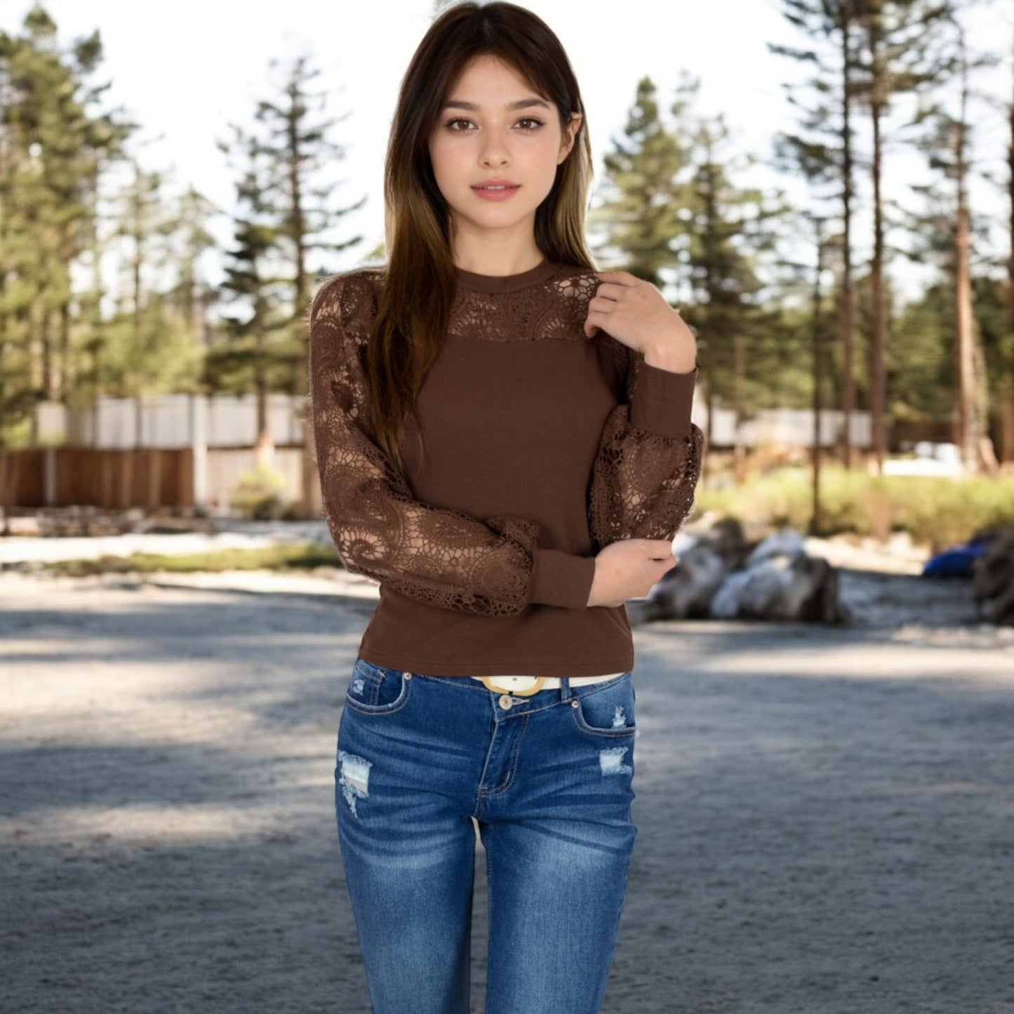Long Sleeve Lace Detail Top with Stretch Knit Bodice
