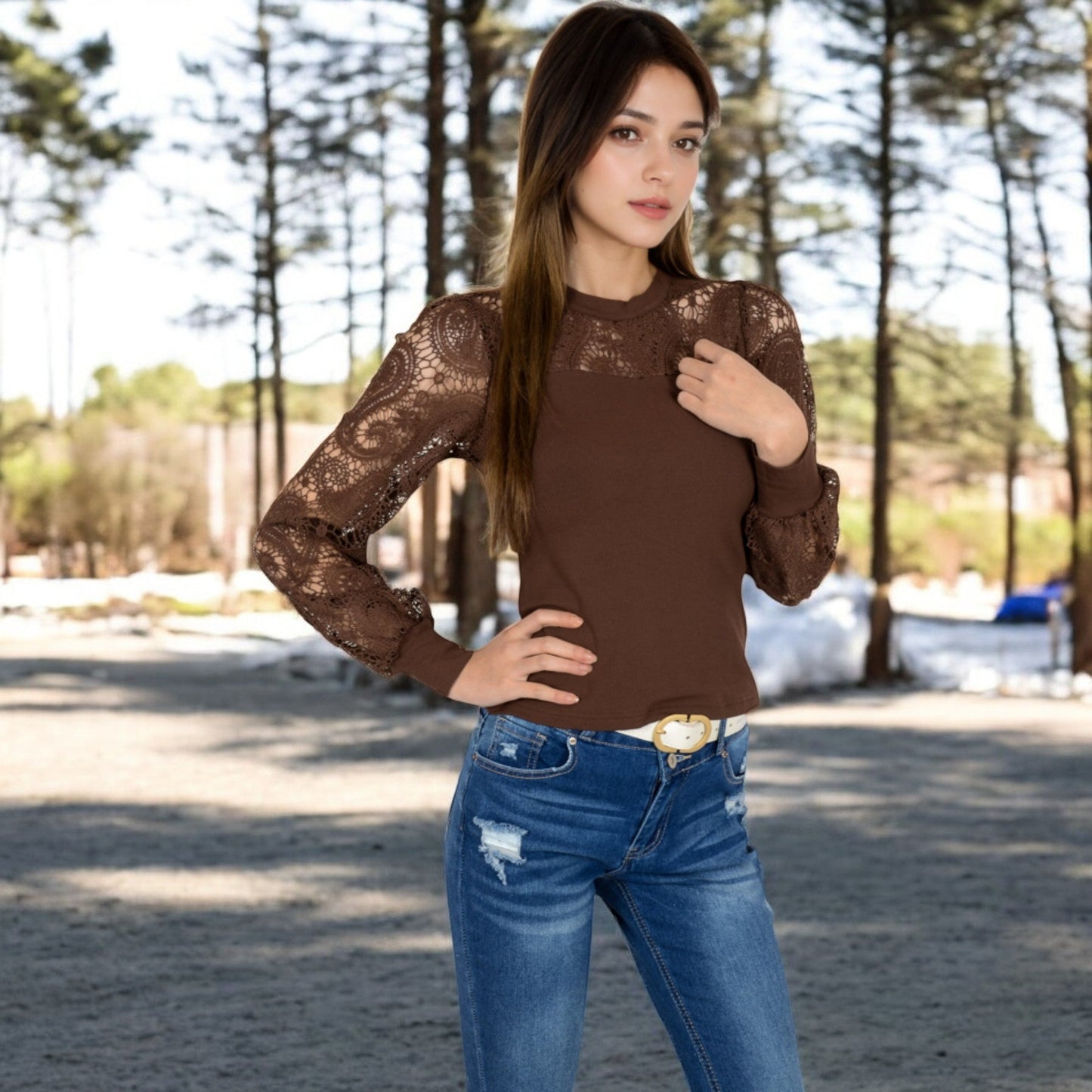 Long Sleeve Lace Detail Top with Stretch Knit Bodice