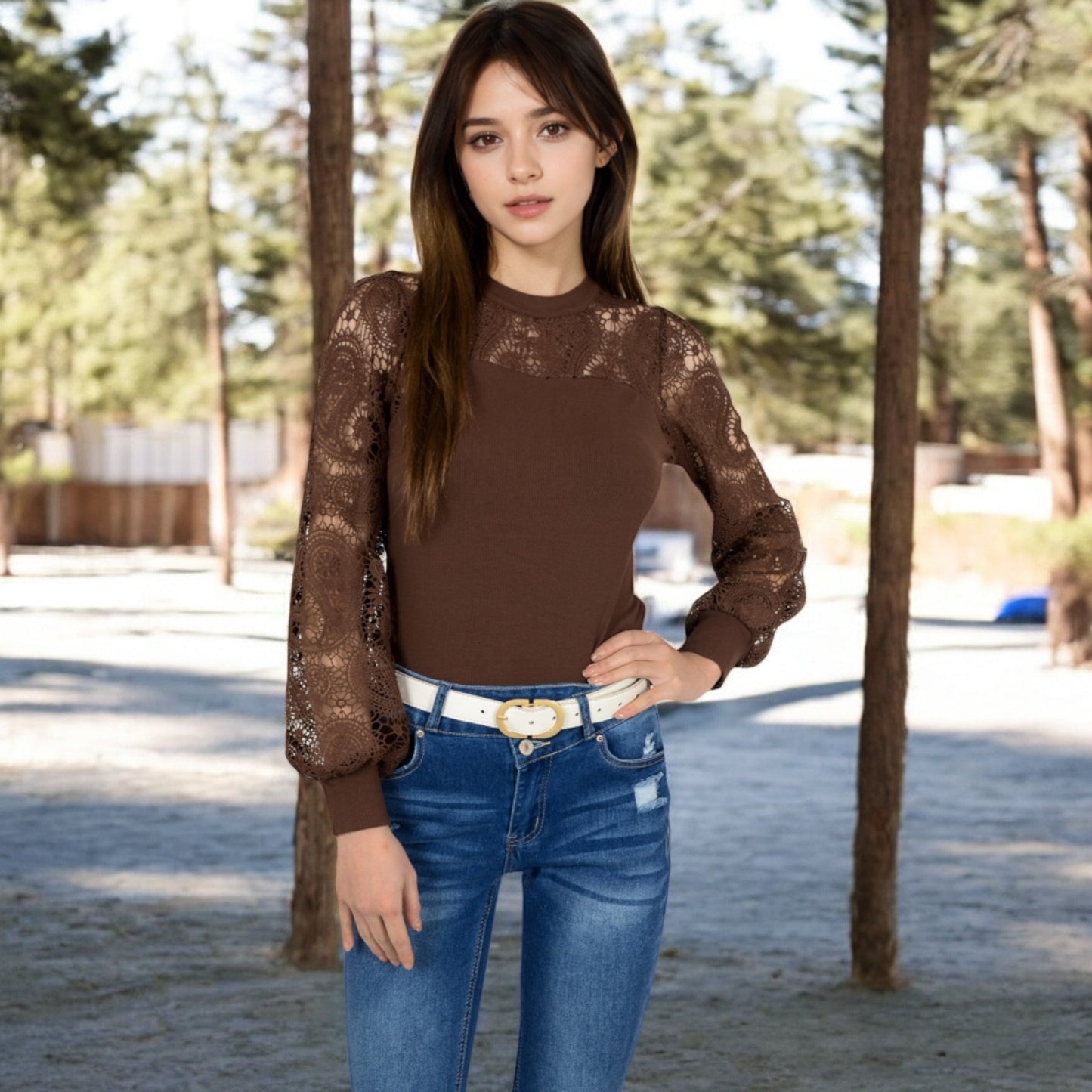 Long Sleeve Lace Detail Top with Stretch Knit Bodice