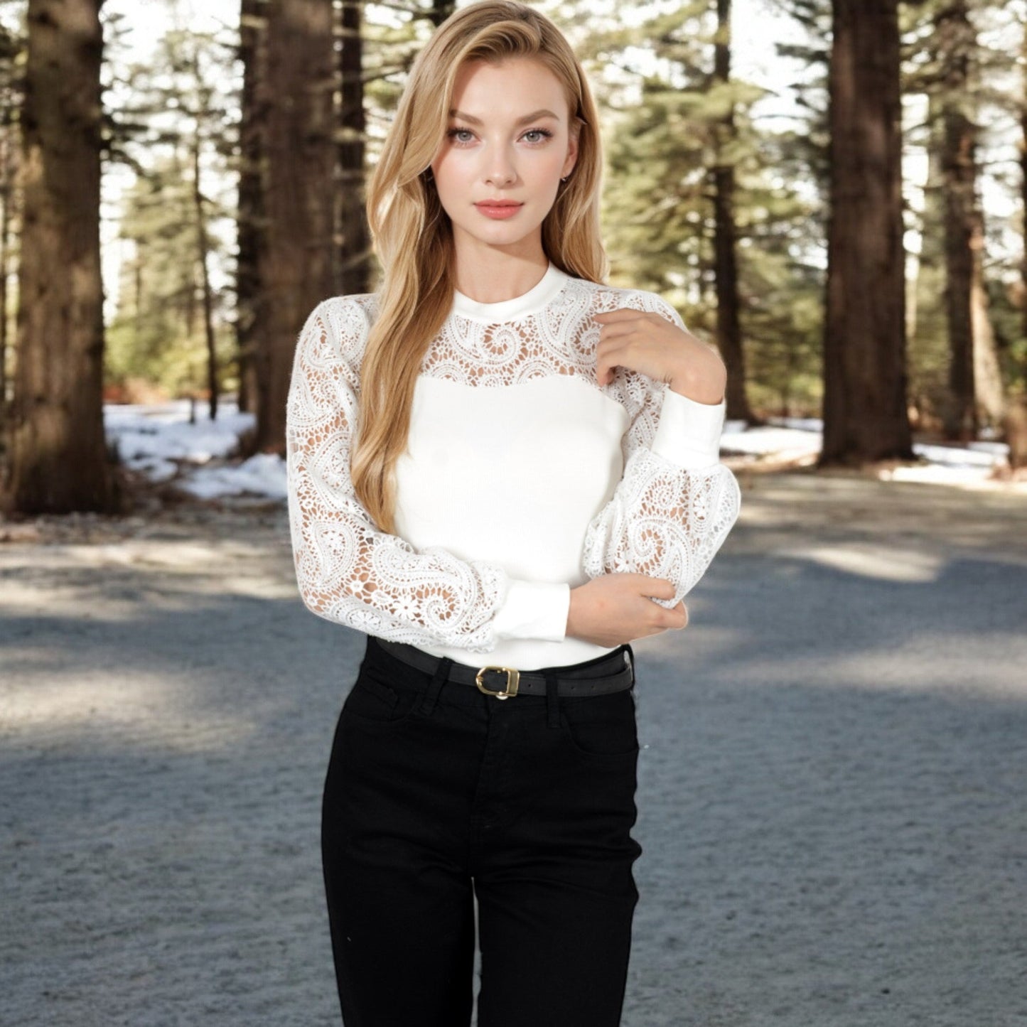 Long Sleeve Lace Detail Top with Stretch Knit Bodice