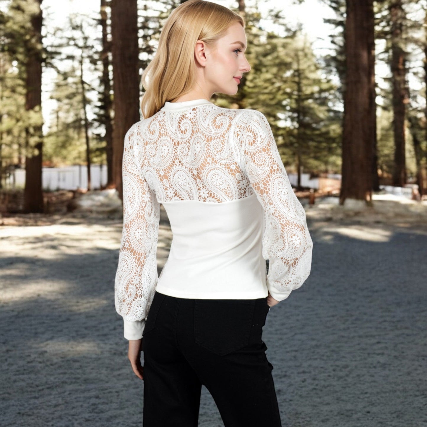 Long Sleeve Lace Detail Top with Stretch Knit Bodice