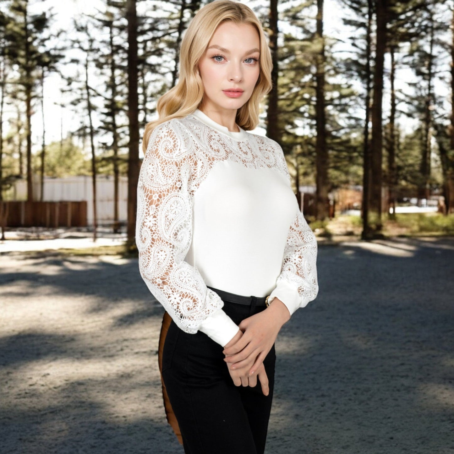Long Sleeve Lace Detail Top with Stretch Knit Bodice