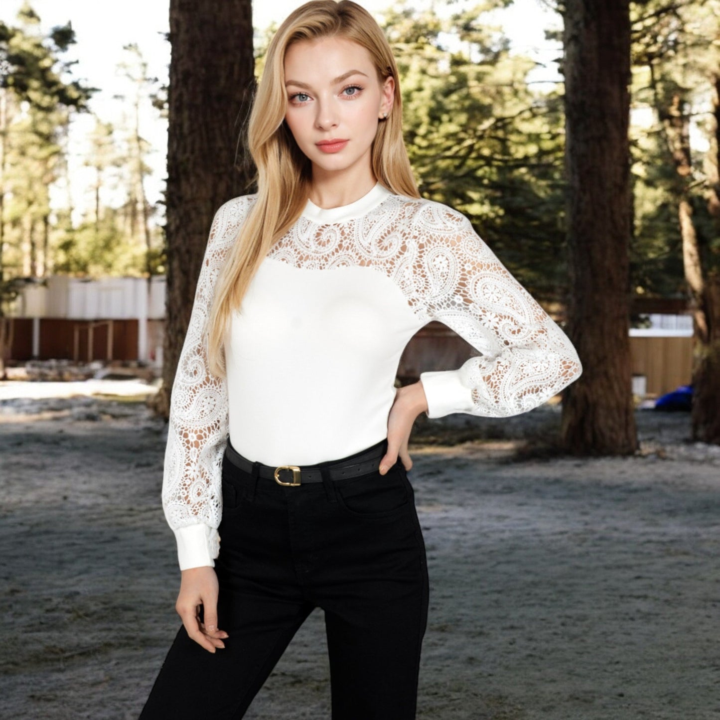 Long Sleeve Lace Detail Top with Stretch Knit Bodice