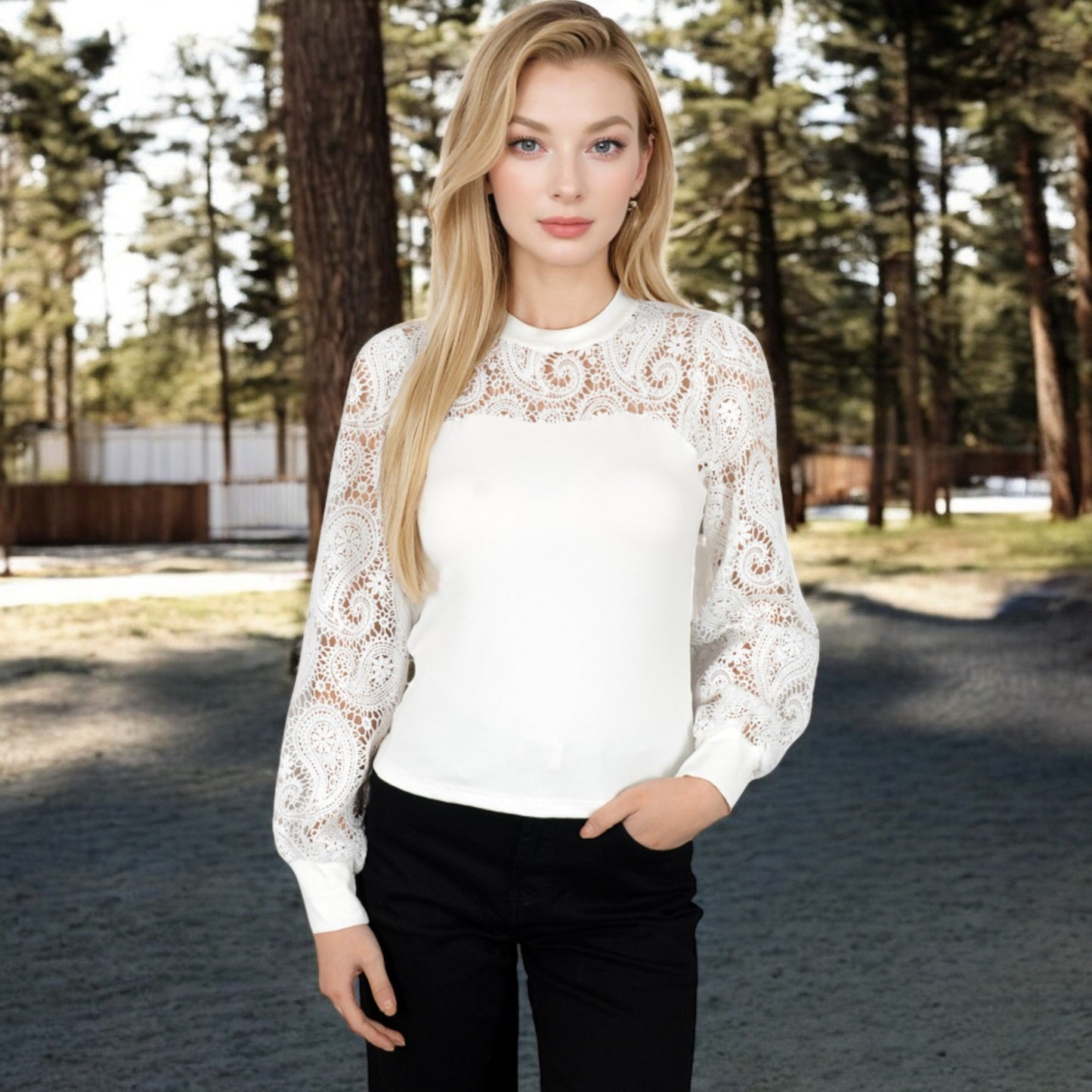Long Sleeve Lace Detail Top with Stretch Knit Bodice