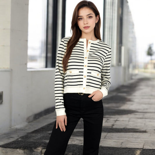 Striped Button-Up Cardigan with Pocket Detail