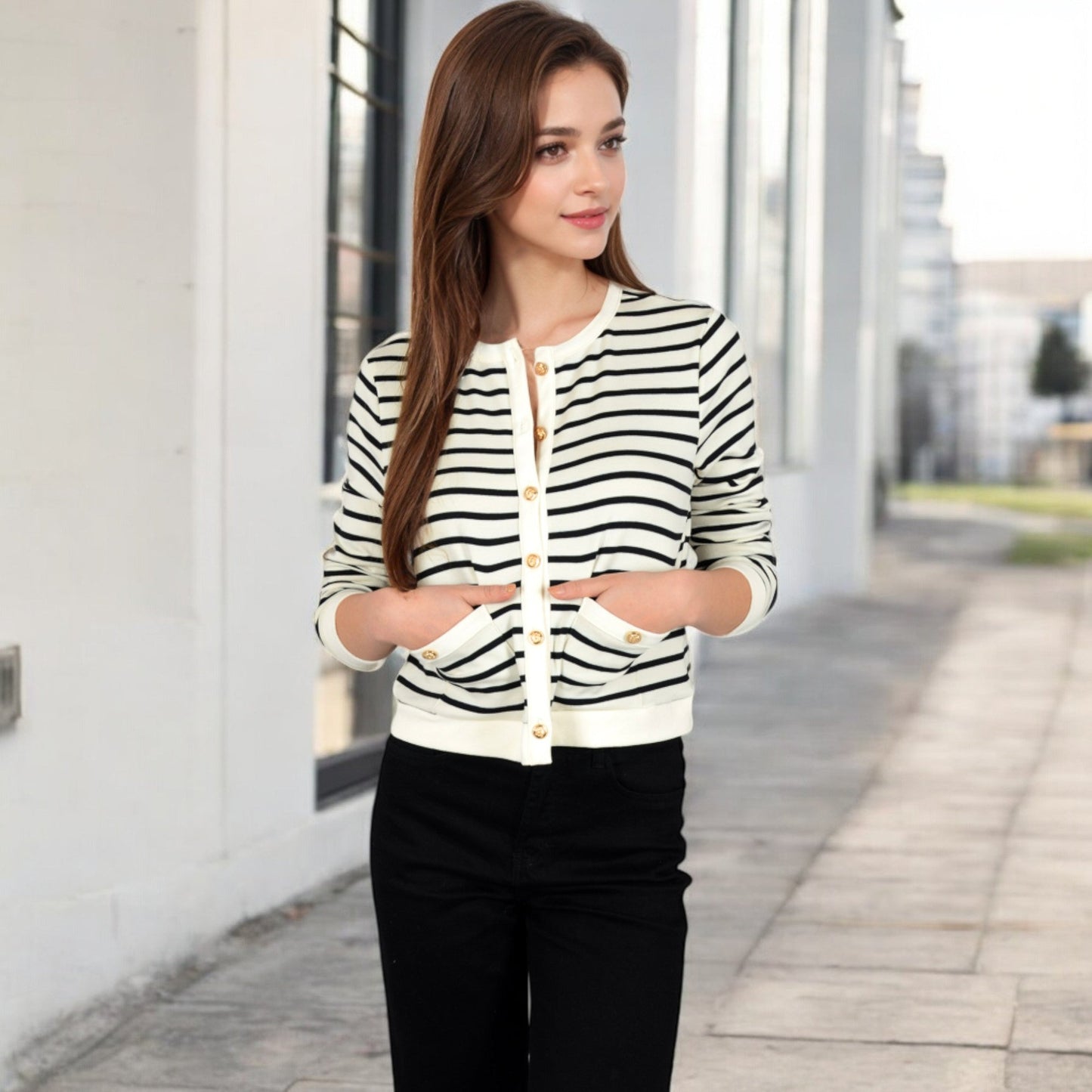 Striped Button-Up Cardigan with Pocket Detail