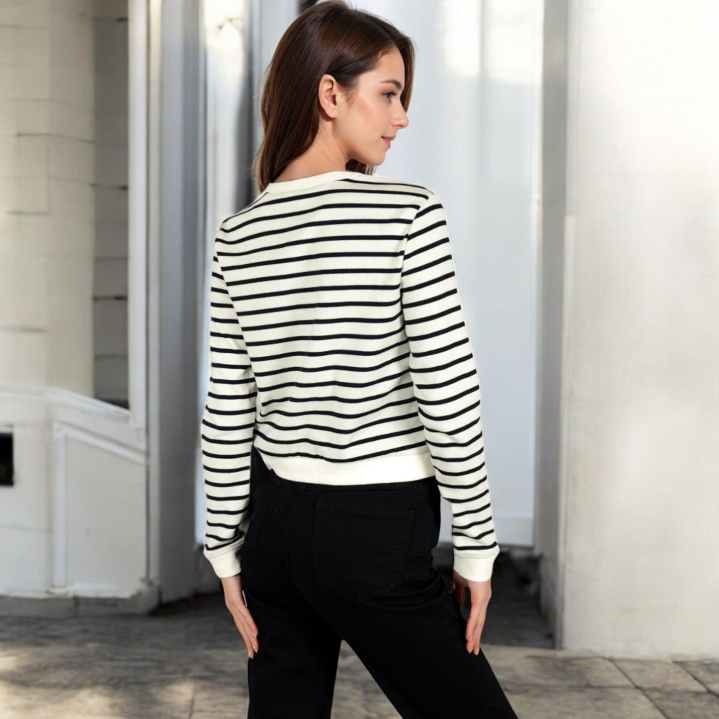 Striped Button-Up Cardigan with Pocket Detail