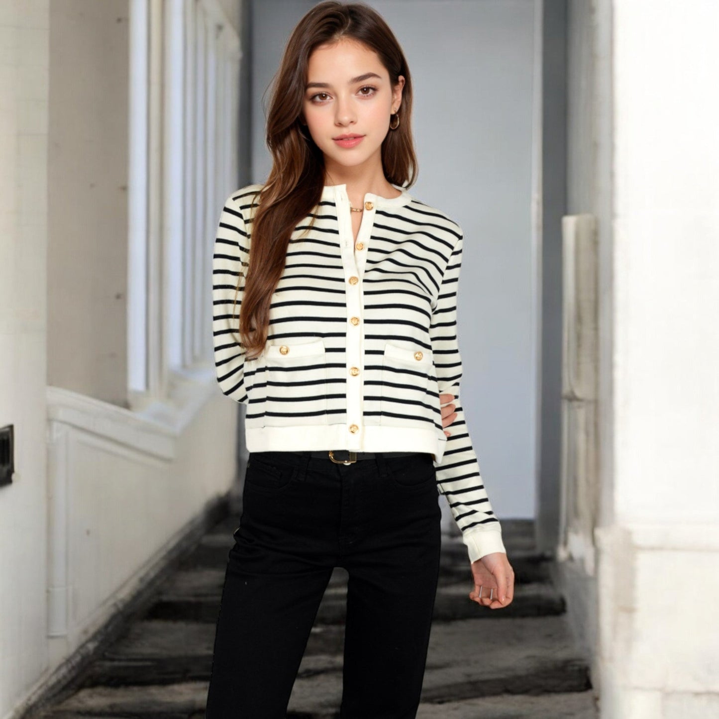 Striped Button-Up Cardigan with Pocket Detail