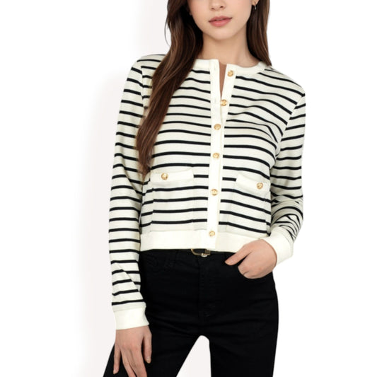 Striped Button-Up Cardigan with Pocket Detail