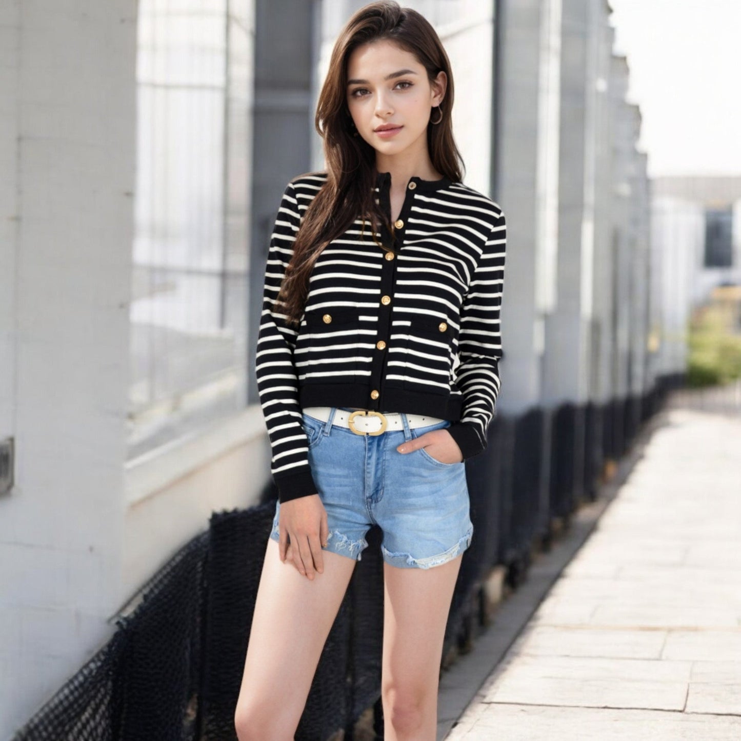 Striped Button-Up Cardigan with Pocket Detail
