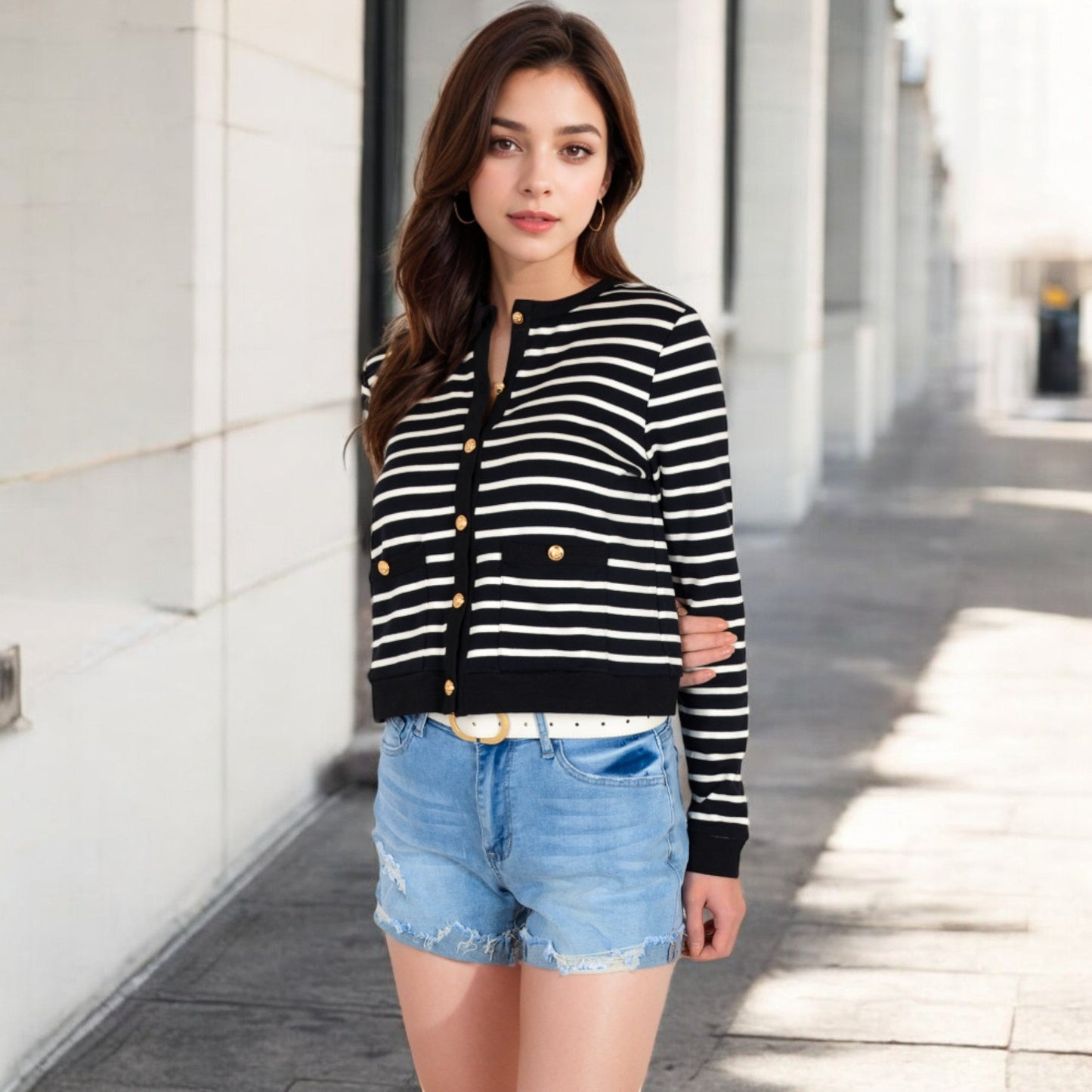 Striped Button-Up Cardigan with Pocket Detail