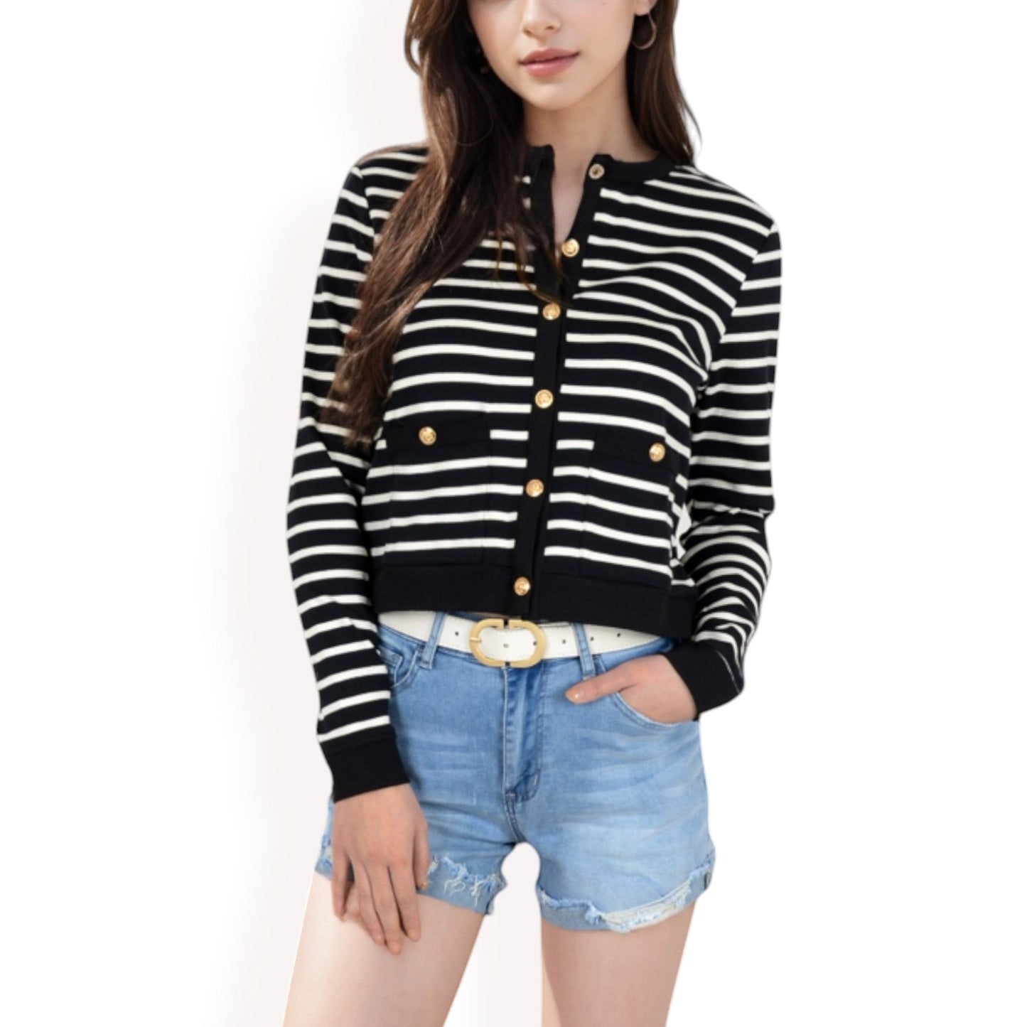 Striped Button-Up Cardigan with Pocket Detail