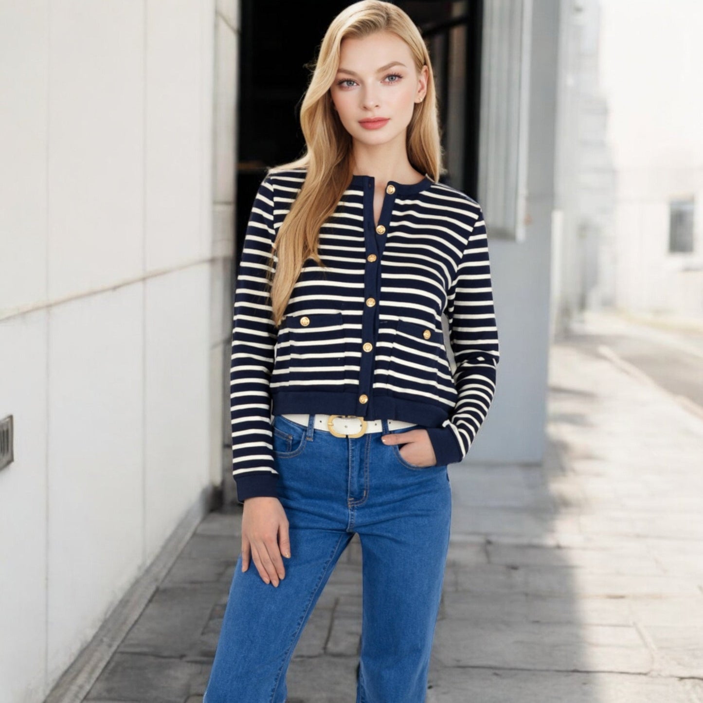 Striped Button-Up Cardigan with Pocket Detail