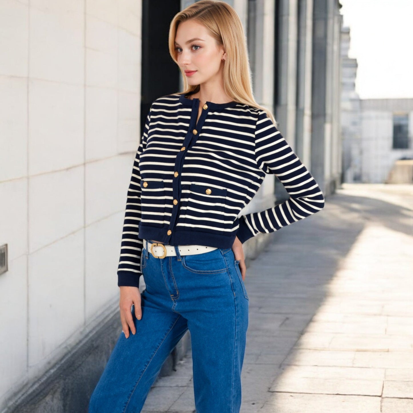 Striped Button-Up Cardigan with Pocket Detail